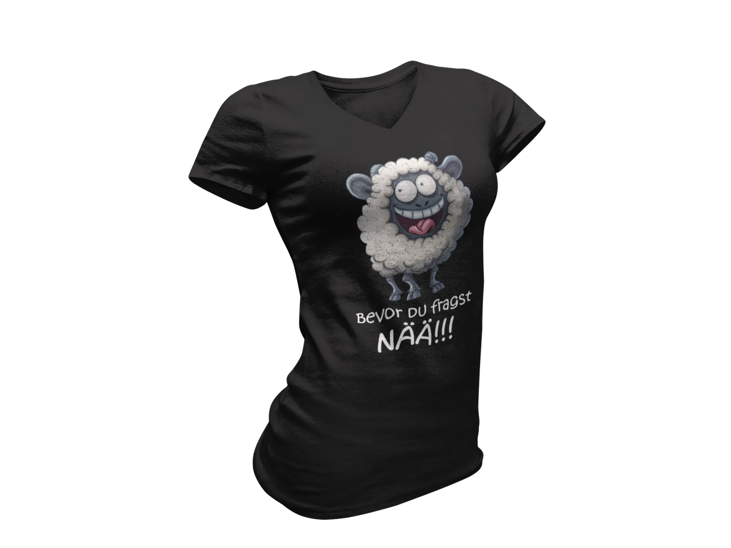 Damen T-Shirt mit V-Ausschnitt – „Bevor du fragst: NÄÄ!!!“ (Schaf)