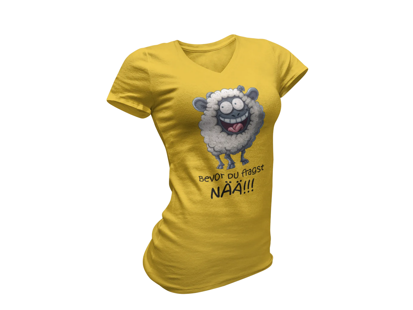 Damen T-Shirt mit V-Ausschnitt – „Bevor du fragst: NÄÄ!!!“ (Schaf)