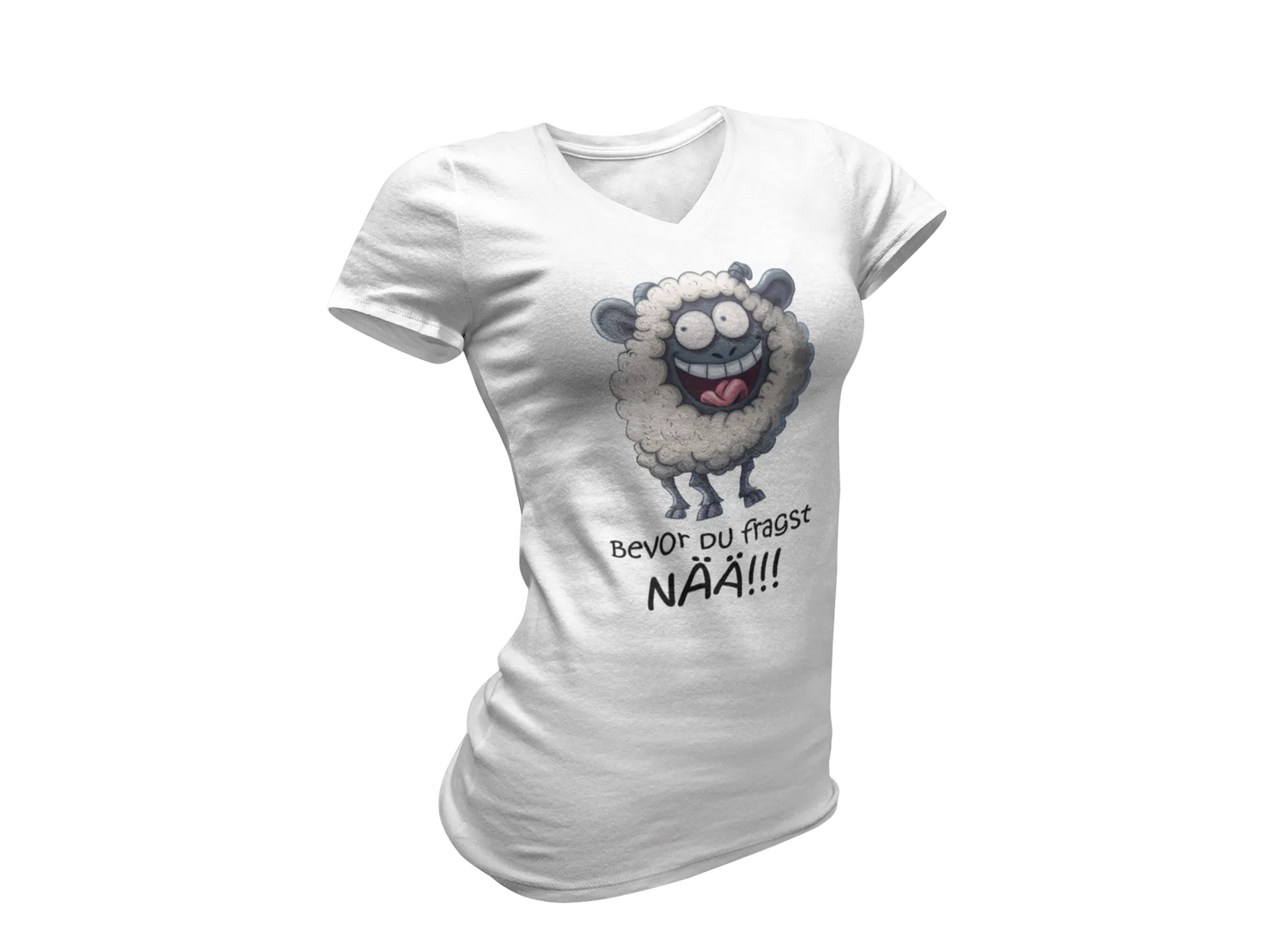 Damen T-Shirt mit V-Ausschnitt – „Bevor du fragst: NÄÄ!!!“ (Schaf)